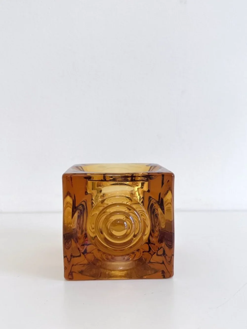 VIKING AMBER GLASS BULLSEYE GLIMMER CUBE CANDLE HOLDER PAPERWEIGHT VINTAGE MCM